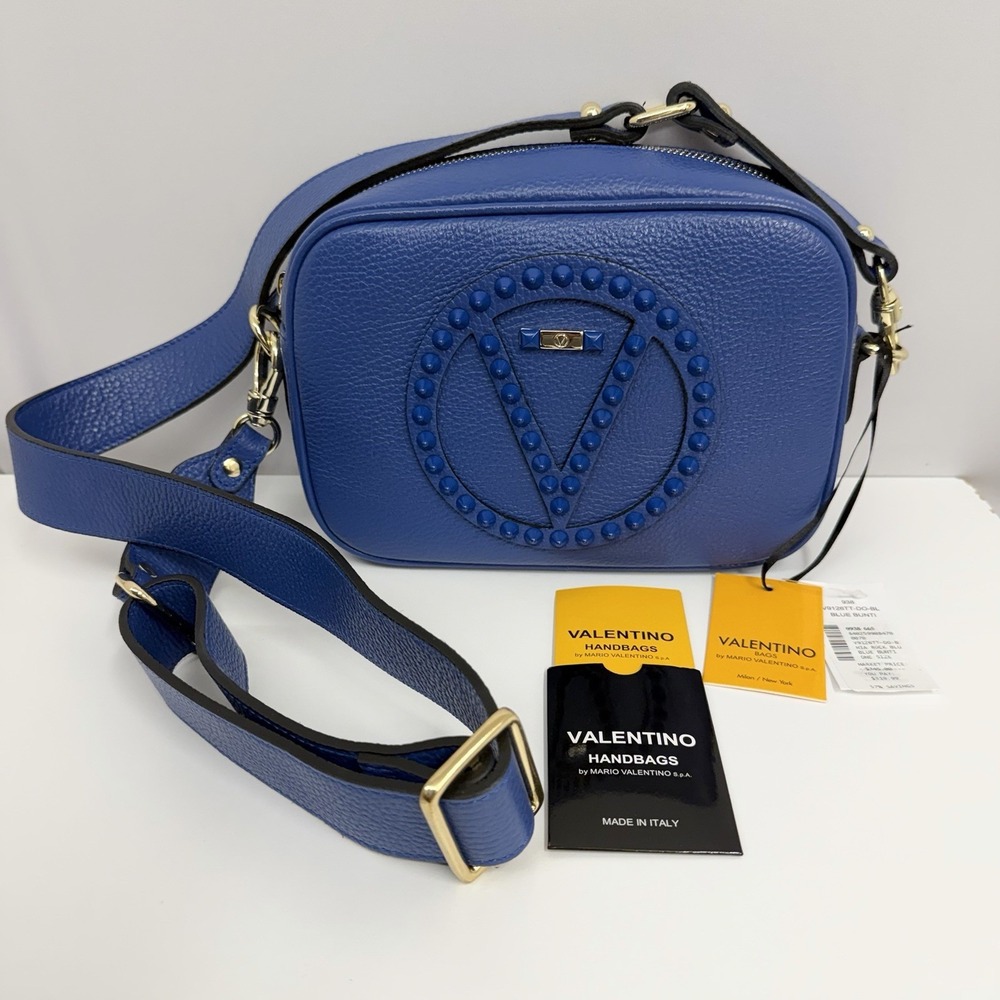 Valentino by Mario Valentino Leather Mia Rock Shoulder Bag Purse Blue NWT $745
